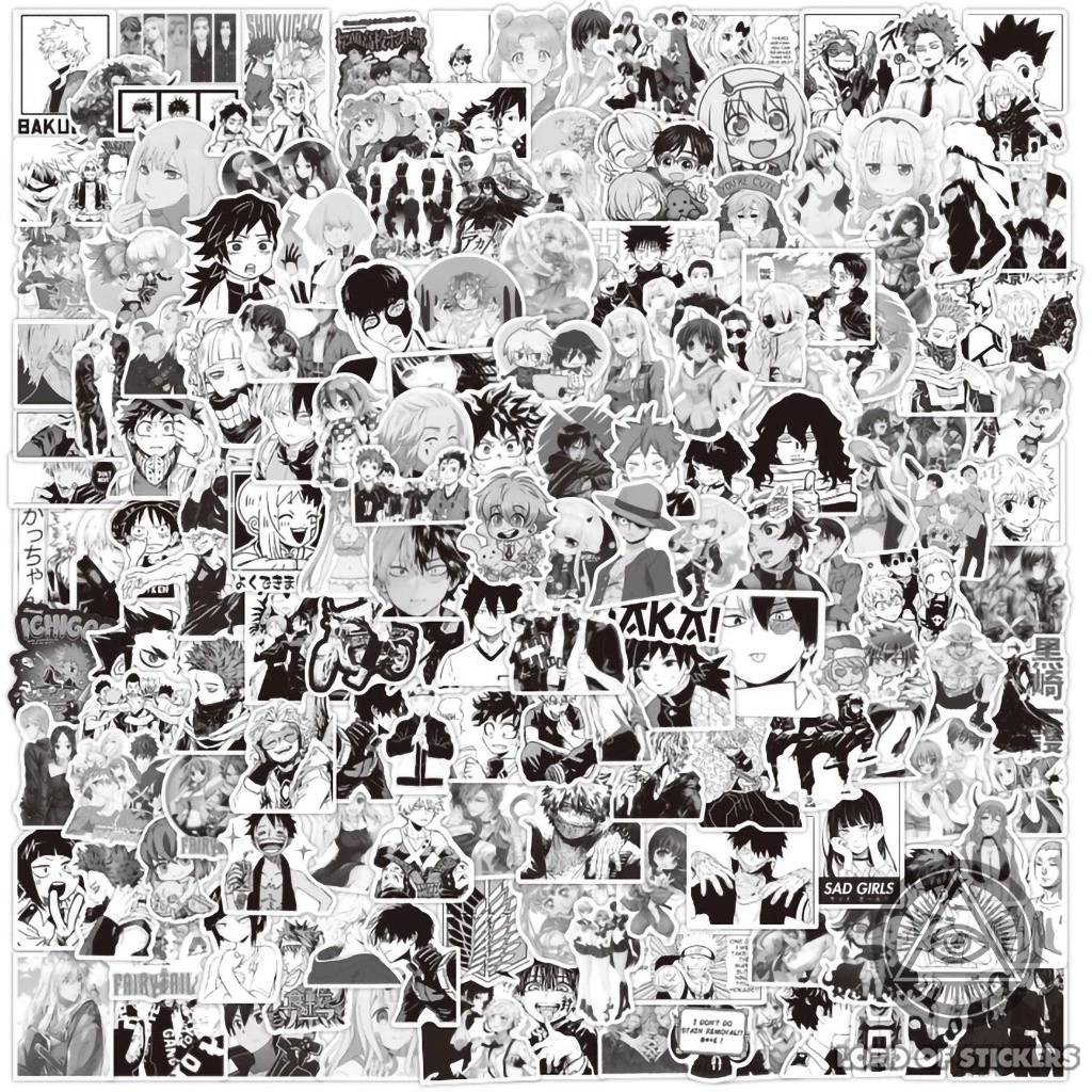 Set 200 Sticker Anime Manga Hình Nhân Vật Truyện Tranh Đen Trắng,